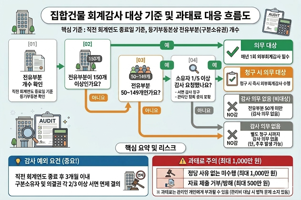 집합건물 회계감사 대상 기준 및 과태료 기준 판단 흐름도 (전유부분 150개 기준)